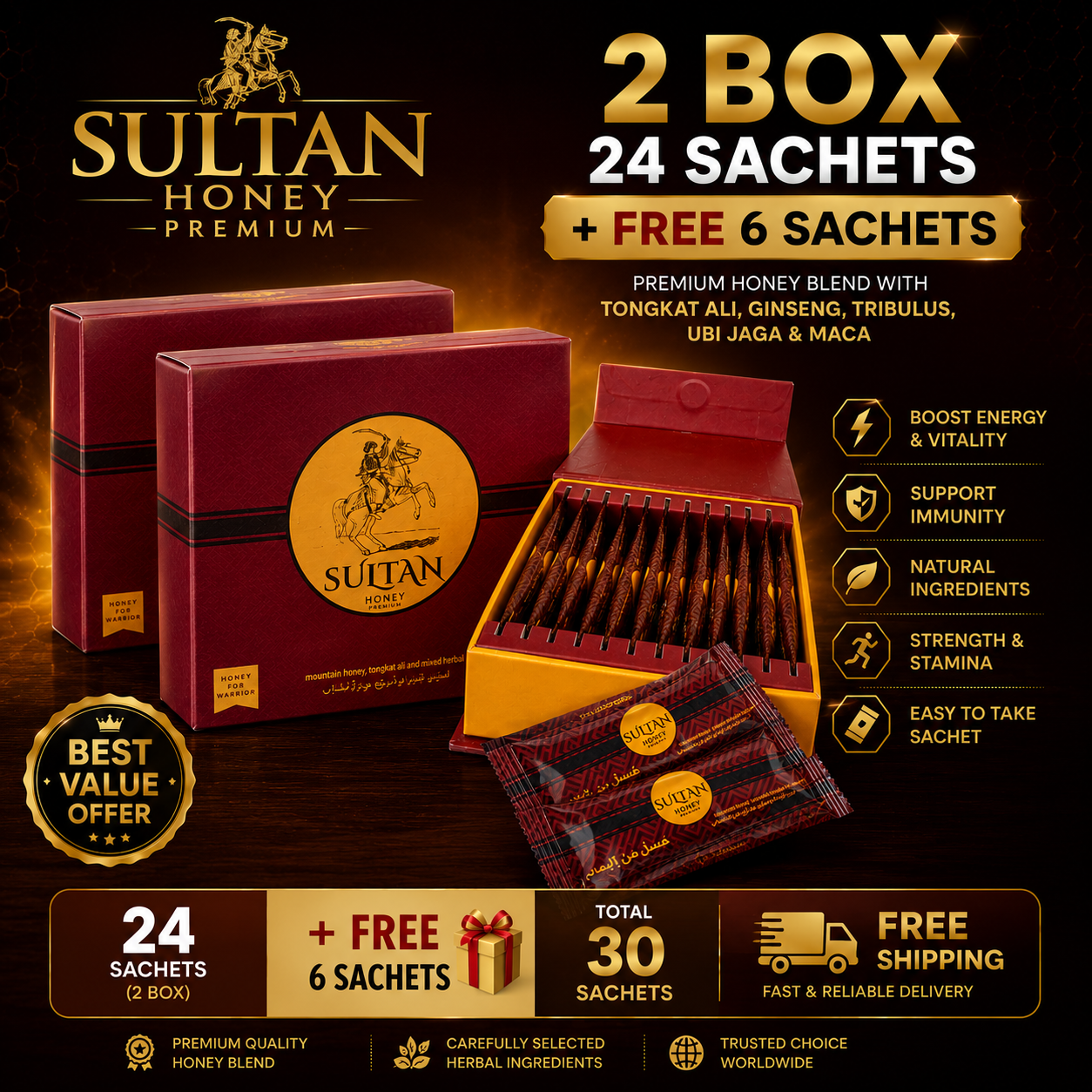 Sultan Honey Premium 2 BOX – 24 Sachets + FREE 6 Extra Sachets & FREE Shipping
